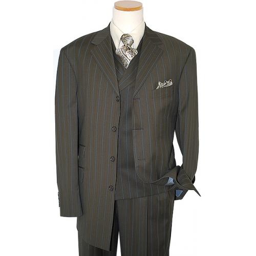 Steve Harvey Collection Olive With Cream/Light Blue Pinstripes Super 120's Merino Wool Vested Suit